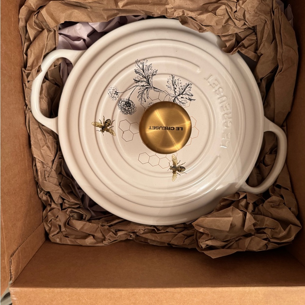 Le Creuset Cream Enamel Dutch Oven with Gold Knob and Bee Motif